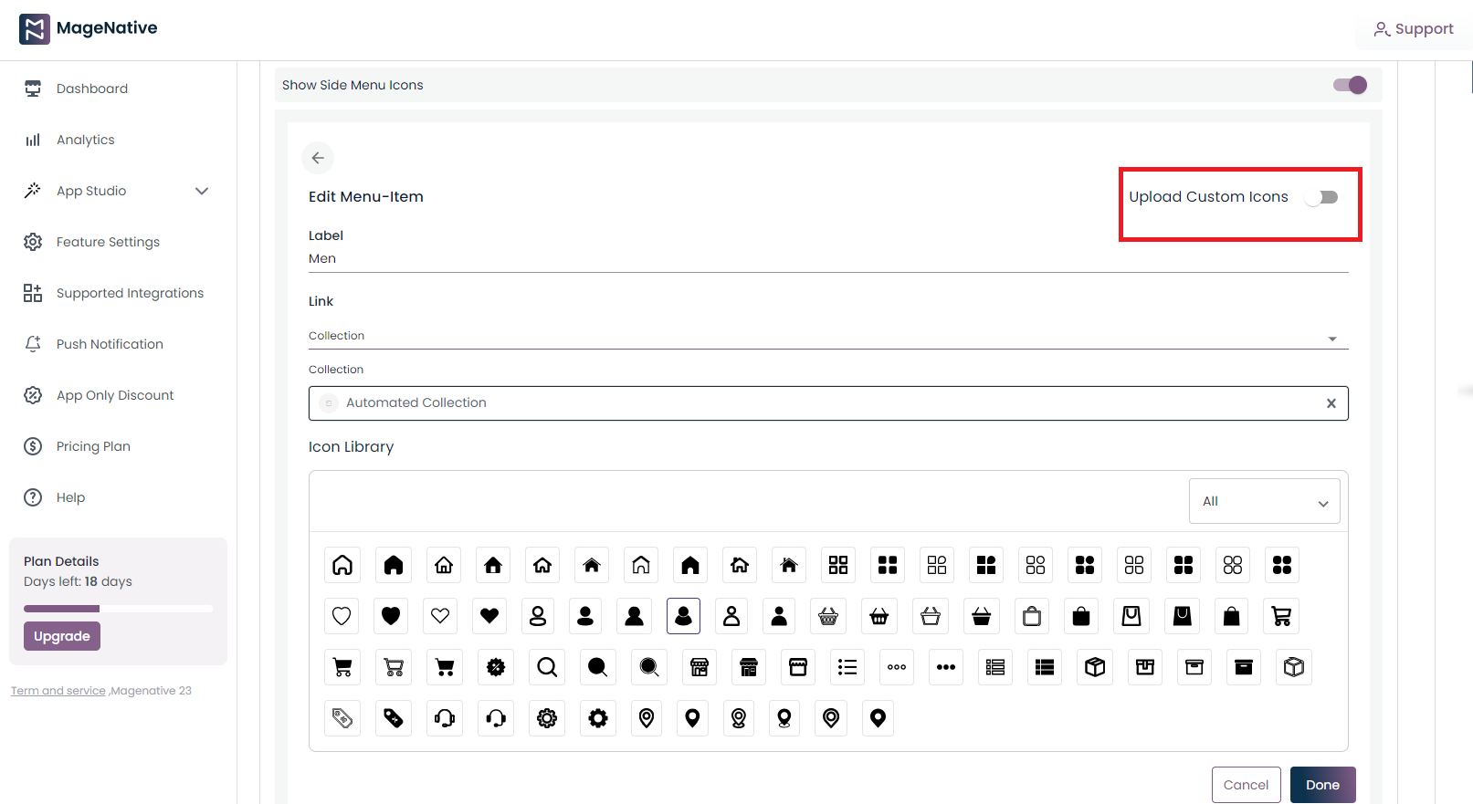 upload custom icons