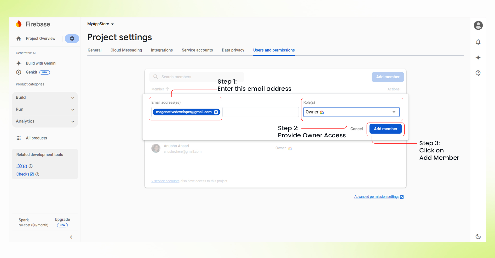  Adding a Team Member to Your Firebase Project - Step 3
